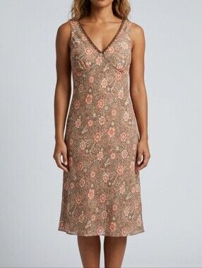 Believe... Floral Paisley Sleeveless Shift Dress Size 12 Boho Beaded V-Neck